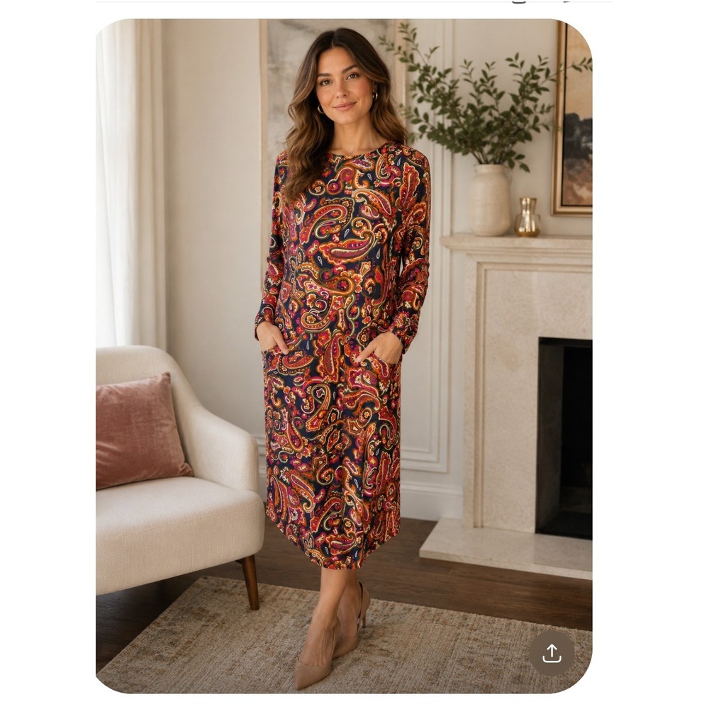 Jude Connally Paisley Long Sleeve‎ Midi Dress Multicolor Pockets Navy Pink Small